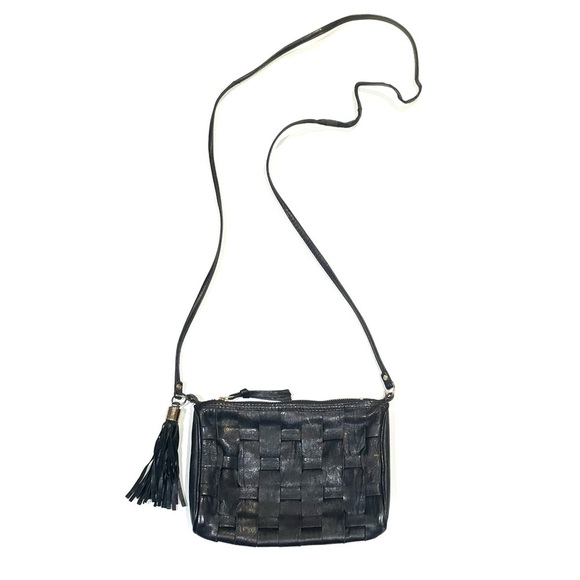 Topshop Handbags - Black Topshop Real Leather Basket Weave Crossbody/Shoulder Bag/Purse with Tassel